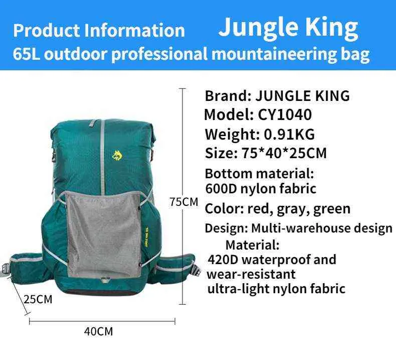 Jungle King Cy1040 Vattenbeständig vandring Ryggsäck Ljusvikt Camping Pack Travel Mountaindeering Ryggsäck Trekking RuckSacks65L 211224