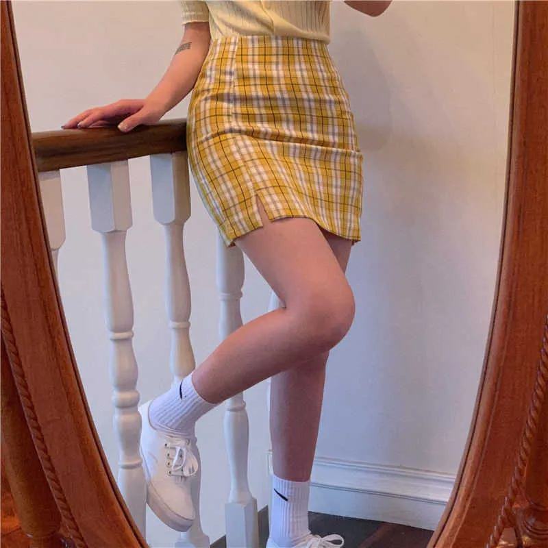 Summer yellow skirts womens high waist pencil plaid skirt streetwear vintage sexy skirt elegant korean mini skirts harajuku 210619