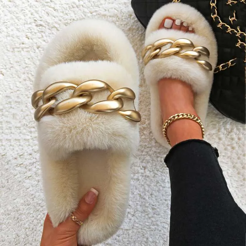 Große bequeme flauschige Pelz-Hausrutschen-Schuhe für Damen-Winter-Slipper-Frauen-offene runde Zehen-Flip-Flops-Metallkette große Größe 43 H0914