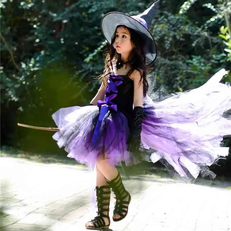 Lila barn tjejer halloween fe party klänningar med hatt svart häxa toddler baby tjejer födelsedag cosplay kostymer barn klänning g1218