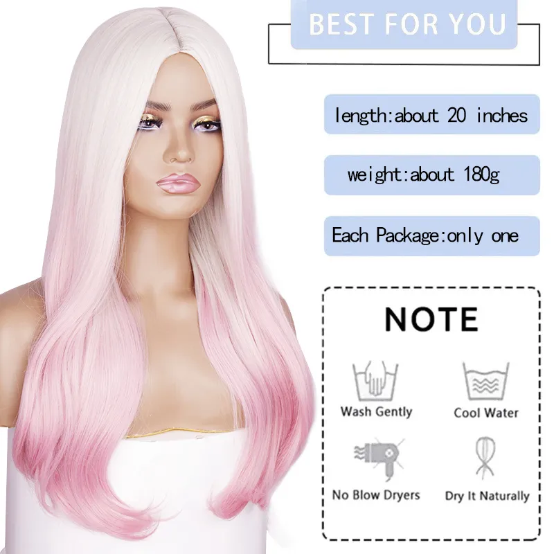 Long Wavy Synthetic Wigs Ombre Golden Pink Wigs for Women Cosplay Natural Middle Part Hair Wig High Temperature Fiberfactory direct