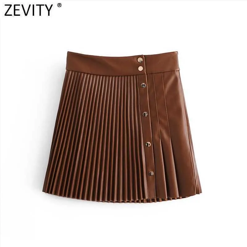 Zevity femmes vintage taille haute en cuir PU plissé mini jupe faldas mujer dames boutons avant casual marque chic jupes QUN689 210629