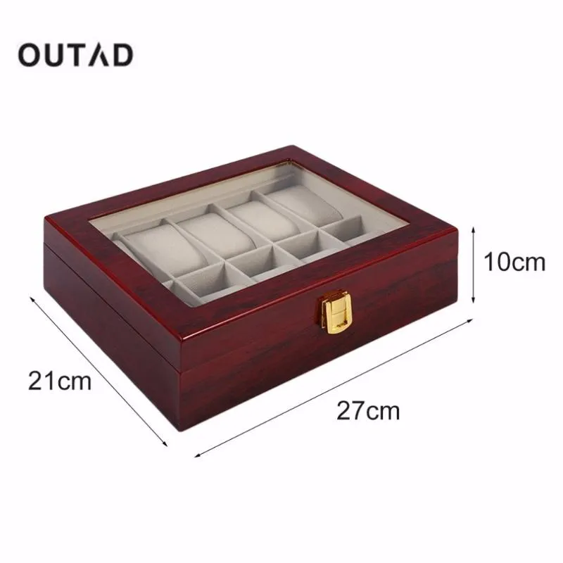 Коробки для часов, 10 сеток, ретро красный деревянный витрина, прочный держатель для упаковки, органайзер для хранения коллекции ювелирных изделий, коробка Caske2546