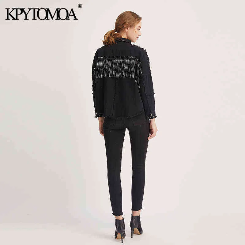 KPYTOMOA KVINNOR FASHION TASSEL Beaded Oversized Denim Jacket Coat Vintage Långärmad Frayed Hem Kvinna Ytterkläder Chic Toppar 211029