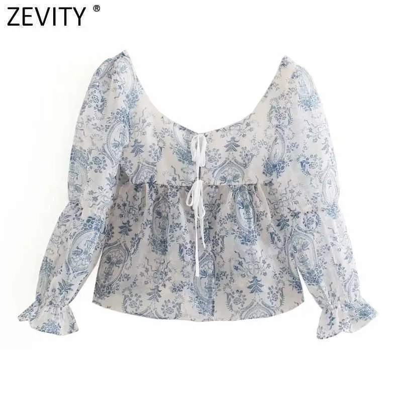 Zeefity Dames Mode Floral Print Transparante Organza Blouse Vrouwelijke Bladerdeeg Sleeve Lace Up Smock Shirt Chic Summer Tops LS9230 210603