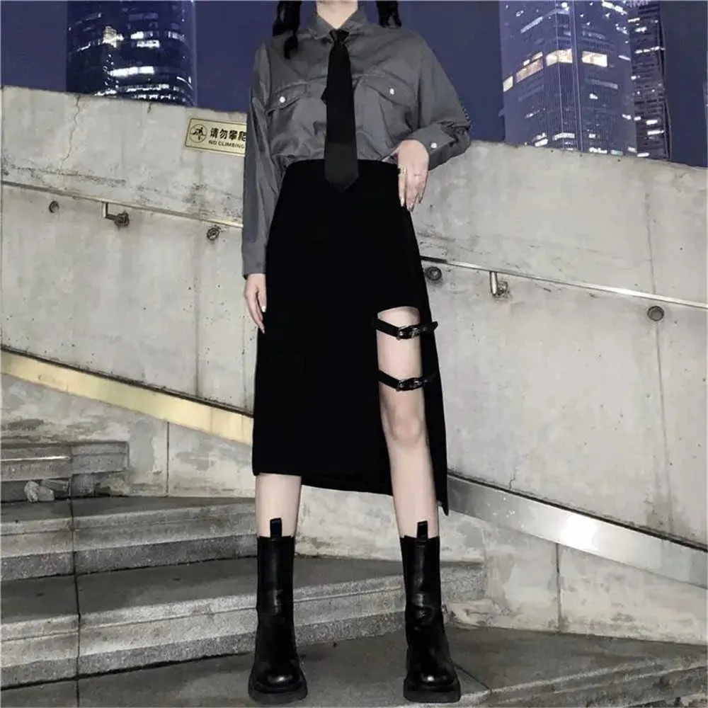 Gothic Punk Hip Hop Cargo Gonne Donna Harajuke Vita alta Fibbia cintura Gonne lunghe nere Modello drago Streetwear Saia Donna 210619
