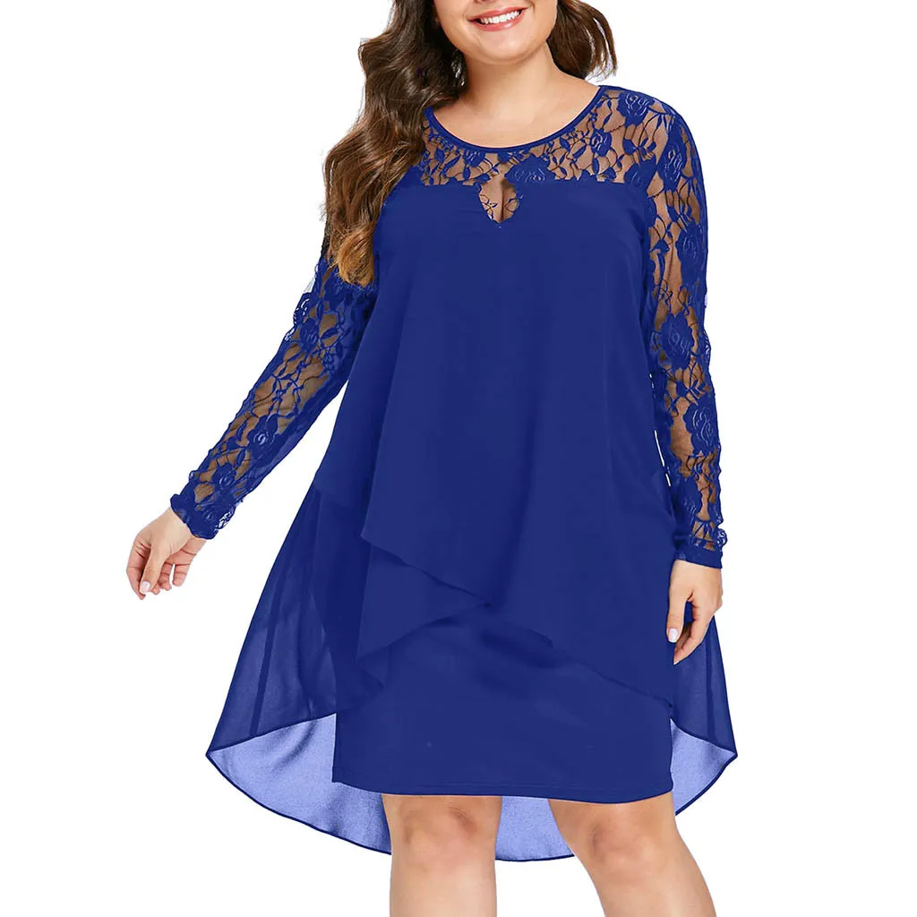 Femmes Automne Solide Robe Plus La Taille Robe Sheer Dentelle Patchwork À Manches Longues Haut Bas Ourlet O-cou Robe Casual robes de soirée S-5XL 210309