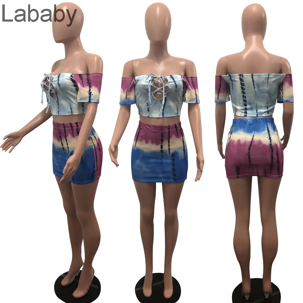 Femmes survêtements deux pièces ensemble concepteur 2021 nouvelle mode imprimé cravate colorant hors épaule Sexy mince à manches courtes jupe ensemble