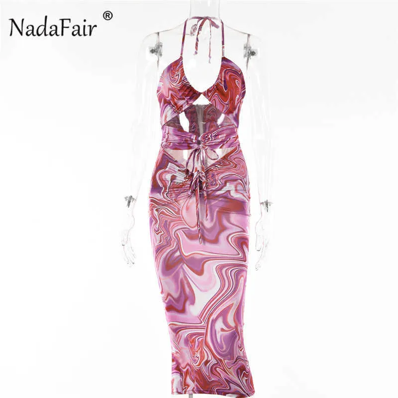 Nadafair Abstract Gedrukt Vintage Midi Dress Off Shoulder Club voor Vrouwen Zomer Nieuwe Halter Hals Cut Out Sexy Bodycon Jurk 2021 X0705