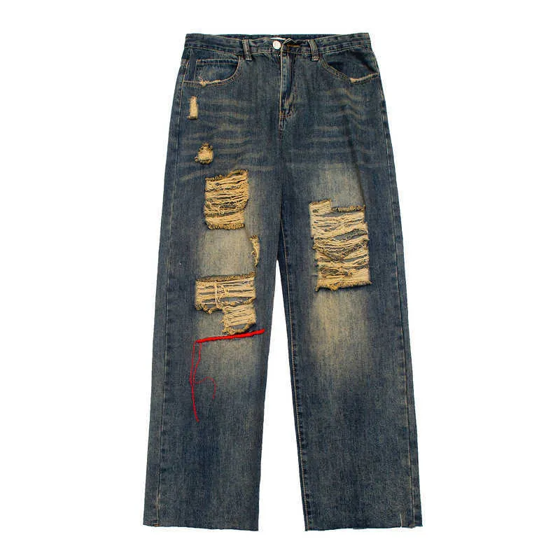 Jeans pour hommes L'industrie lourde du vent de la grande rue a utilisé des jeans décontractés droits à trous lavés