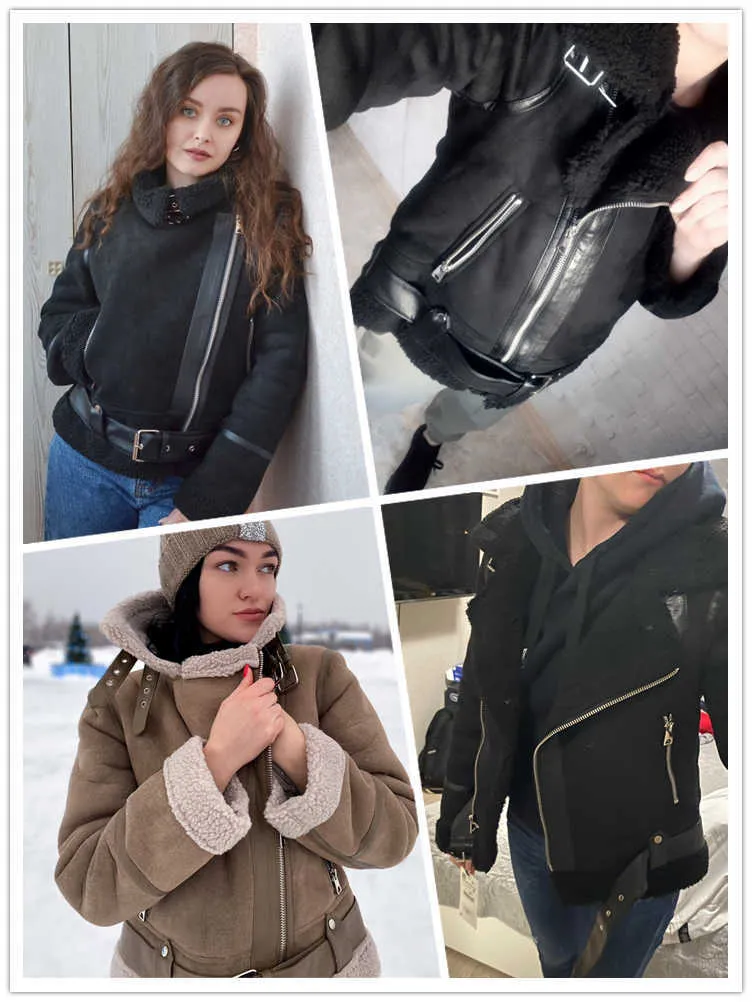 Ailegogo Women Winter Faux Shearling Sheepskin Fake Leather Jackets Lady Thick Warm Suede Lambs korta motorcykelbrunrockar 210916