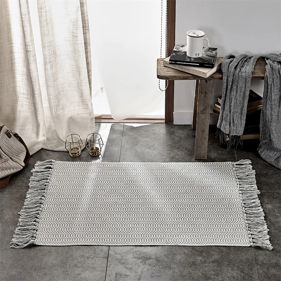 Cinza algodão e linho tassel tapete tapete nórdico bedside mat tapete mão knotted tapete simples móveis tampa 210301