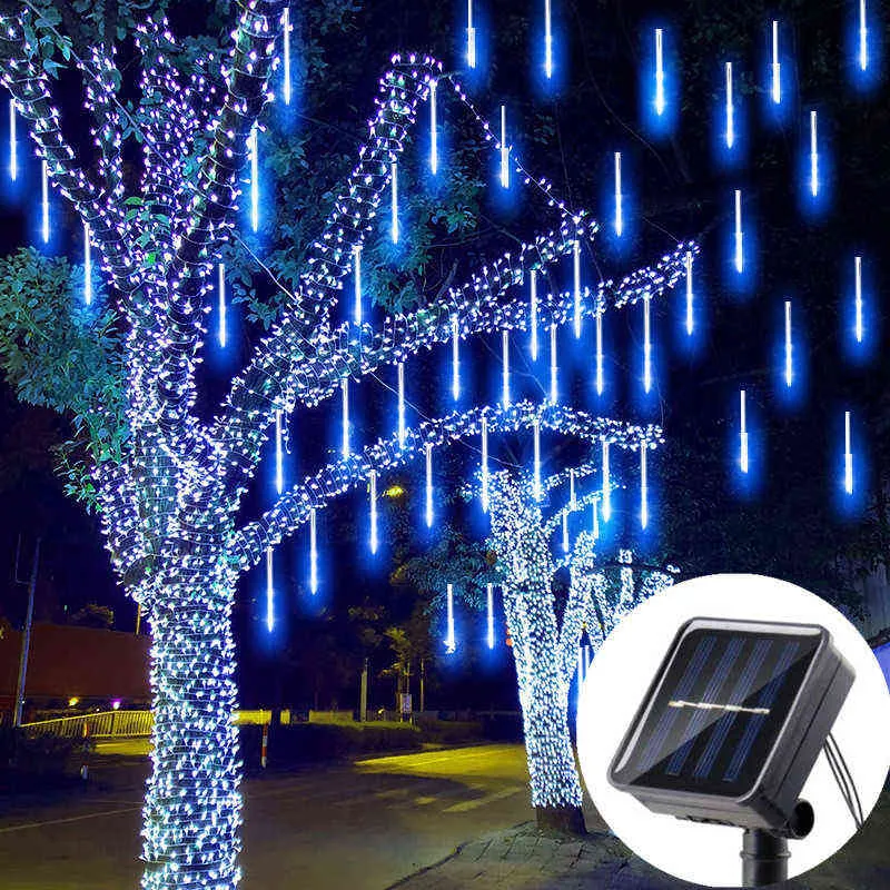 ソーラーLEDの流星のシャワーライトの休日の弦の光防水妖精の庭の装飾屋外LED街の花輪クリスマスの装飾211122