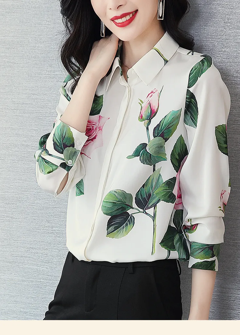 Tingfly Designer Rose Flower Floral Slå ner krage -knappen Up Bluses Elegant Women Office Work Blus Blusa Femme Shirts Plus 210308