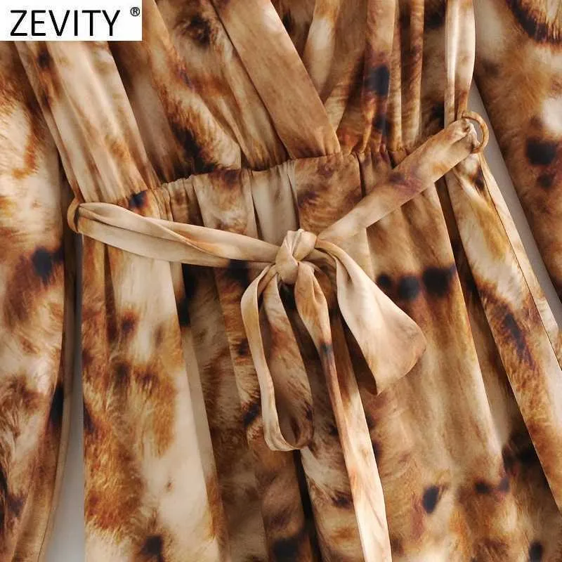 Zevity Femmes Vintage Presse Col En V Animal Tie Dye Impression Casual Mince Midi Robe Femme Chic Arc Ceintures Split Robe DS4754 210603