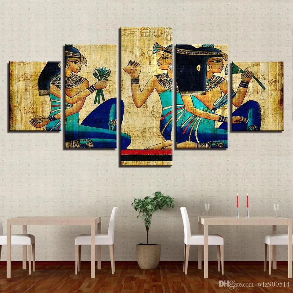 Wall Art Canvas Pictures Home Decor HD Imprime Abstrato Pôsteres 5 Peças Vintage Antigo Egito Pharaohs Girls Pintura