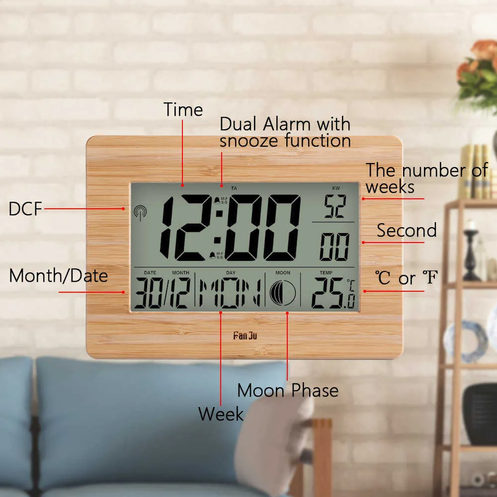 FanJu Digital Wall Clock LCD Big Grand Nombre Temps Température Calendrier Table d'alarme Horloges de bureau Design moderne Bureau Home Decor 210724