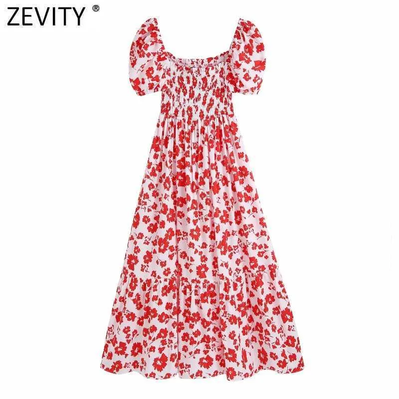 Women Puff Sleeve Red Floral Print Pleats Cake Midi Dress Chic Female Square Collar Elastic Casual Vestidos Party Dresses DS8379 210603