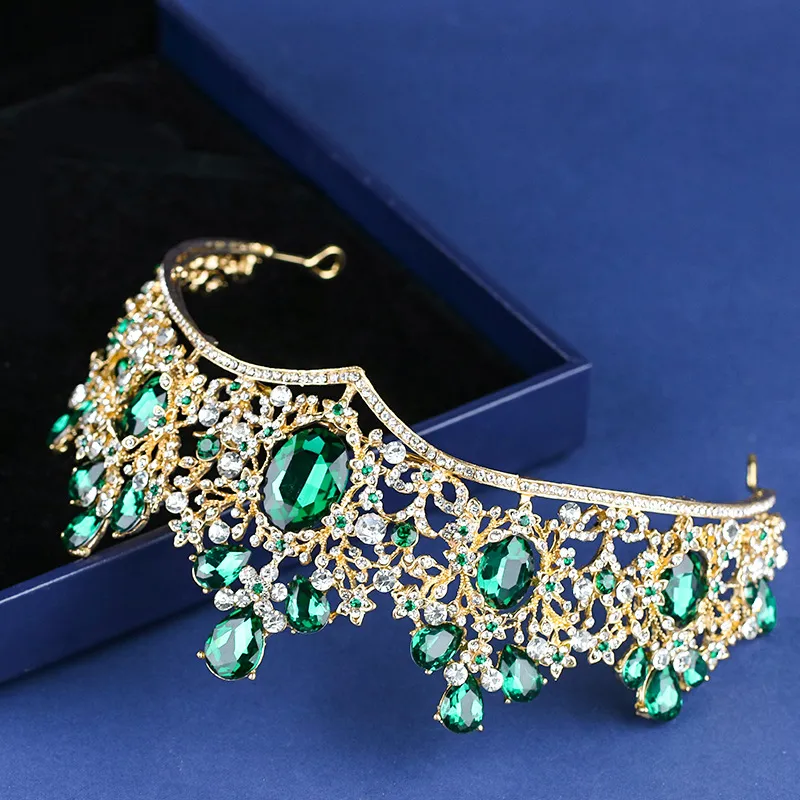 Bruids tiara zendspoel 2022 vintage barokke optocht kroon nieuwe legering groene diamant smaragd nobele kronen elegante hoofddeksels Quinceaner208Z
