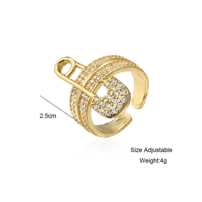 Luxe AAA + Cubic Zircon Paper Clip Charm Trouwring voor Vrouwen 2021 Mode Goud Kleur Open Ring Verstelbare Maat Wholesale X0715