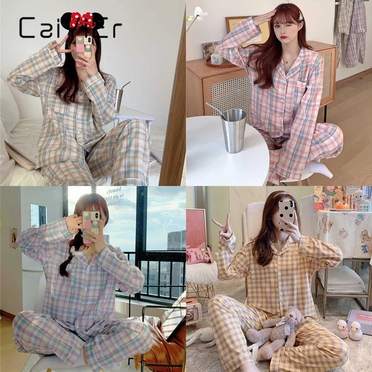 Caiier meninas roxo checked pijama conjunto sleepwear para mulheres calças de manga comprida solta versão coreana terno caseiro 210622