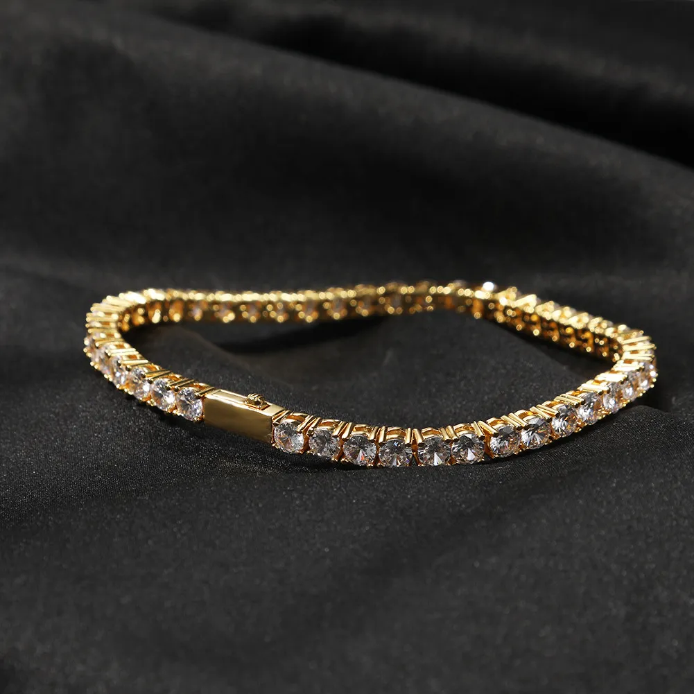 Iced Out Gold Chain Bracelet For Mens Hip Hop Damond Tennis Jewelry Single Row Rhinestone Bracelets 4mm297S