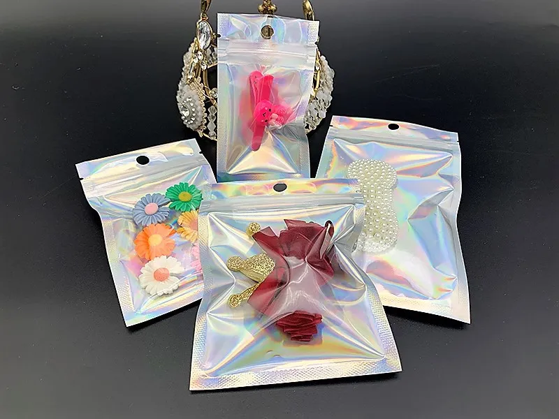Small to Big Sizes Self Seal Bags Hologram Holographic Clear for Zip Resealable Plastic Retail Lock Packaging Bags Zipper Mylar Bag Package Pouch