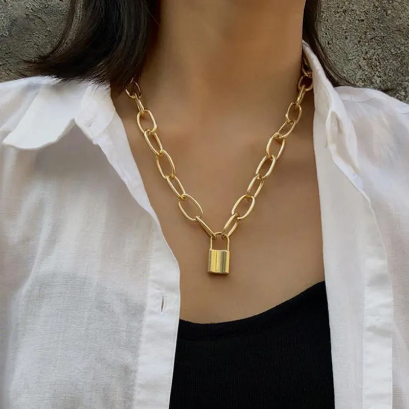 Lock Pendants Punk Necklaces for Women Gold Color Hollow Chain Personality Female Neck Jewelry