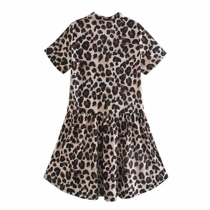 Za imprimé Animal Mini robe rétro robe léopard col à revers manches courtes bouton avant femme haute rue robes courtes 210602