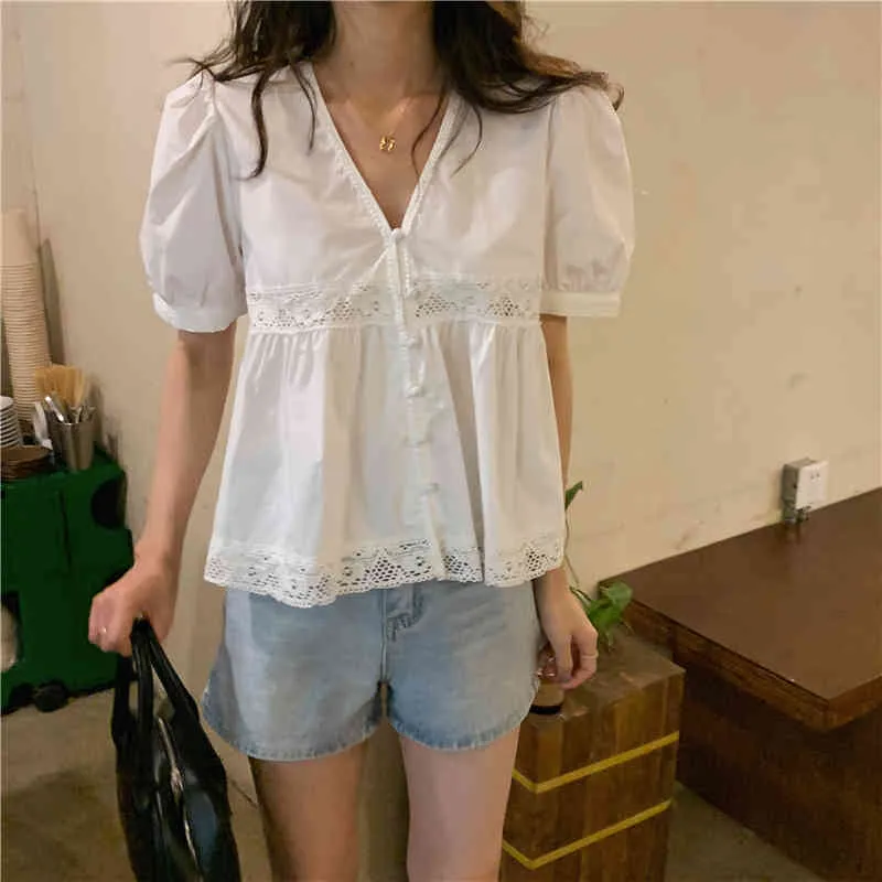 Summer Retro Loose Vintage Blouses Solid Chic Puff Sleeve Sweet Elengant Femme Chemises Tops 210525