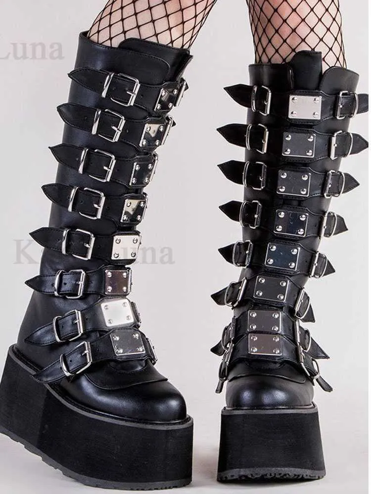 Märke Design Gothic Style Ins Hot Fashion Boots Kvinnor Skor Svart Wedges High Heels Buckles Platform Boots Kvinna Plus Storlek 50 Y0914