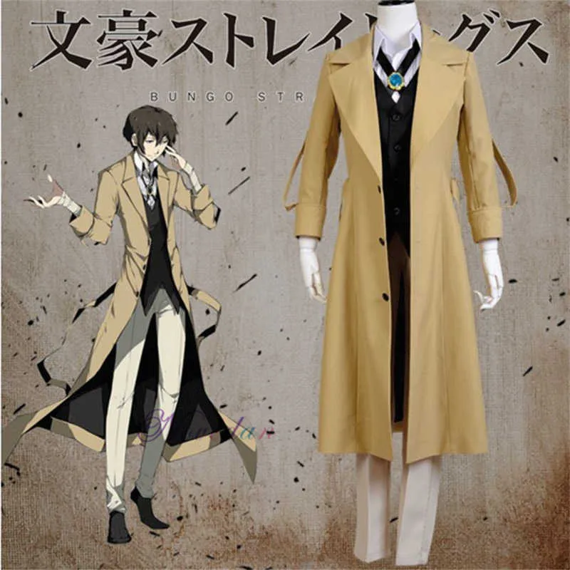 Bungo Stray Cães Dazai Osamu Cosplay Cosplay Costume Longo Casaco Casaco Terno Adulto Men Halloween Fato de Natal Y0903