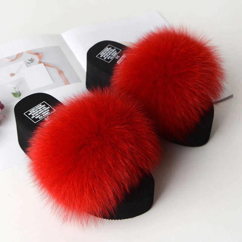 COOLSA New Women's Real Fox Fur Sandals Lady Fluffy Slides Casual Furry Flip Flops Woolen Plush Slippers Platform Shoes H0827