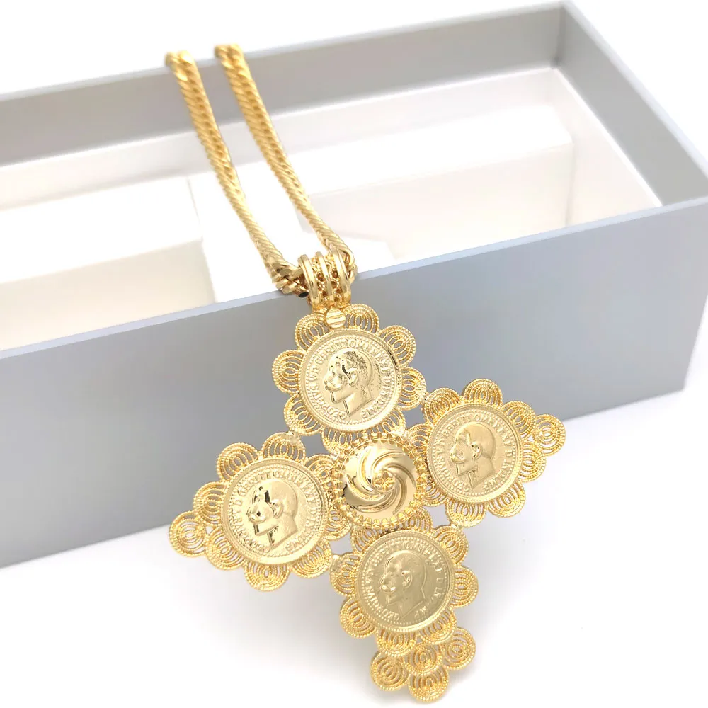 Big Coin Cross Anhänger äthiopisch 24 Karat Gold gefüllt Rubin Kubaner Doppelränderkette Feste Halskette Schmuck Afrika Habesha Eritrea268K