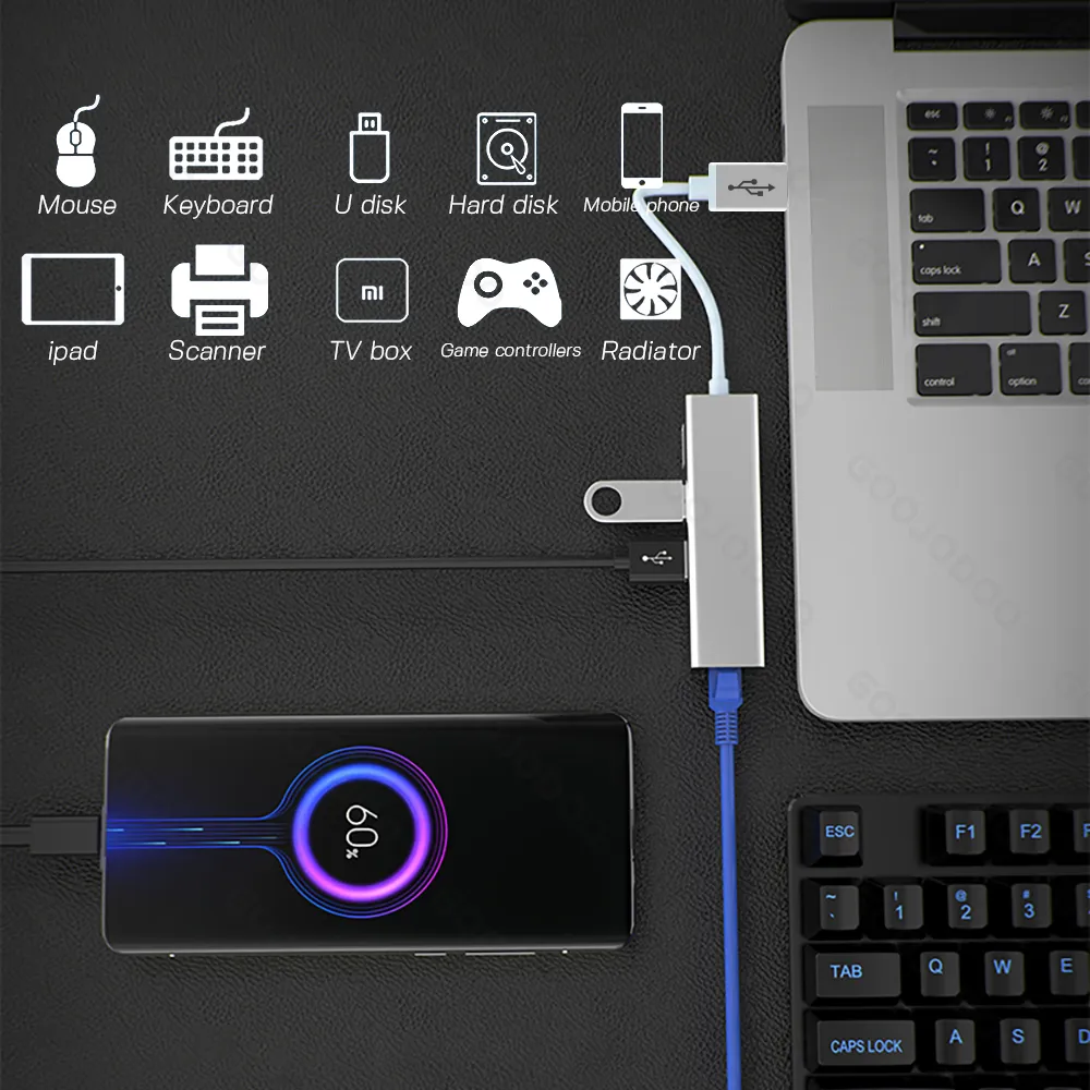 Adaptateur USB Gigabit Ethernet 3 Ports USB 3.0 HUB USB vers Rj45 Lan Carte Réseau pour Macbook Mac Desktop + Micro Chargeur