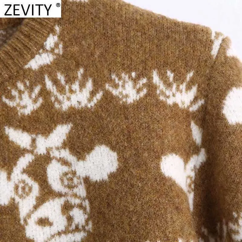 Zevity Kobiety Moda O Neck Wzór Zwierząt Crochet Knitting Cardigans Sweter Kobiet Chic Długi Rękaw Dorywczo Krótkie Topy S681 210603