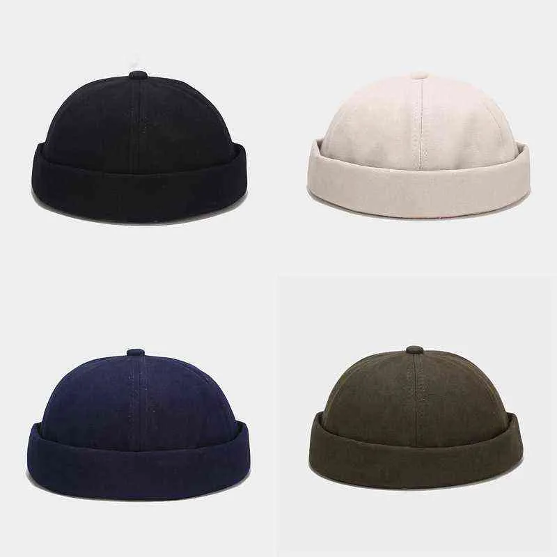 Solid Color Spring Summer Korean Version No Visor Melon Cap Hip Hop Fashion Unisex Cotton Vintage Beanie Men'S Hat Y21111