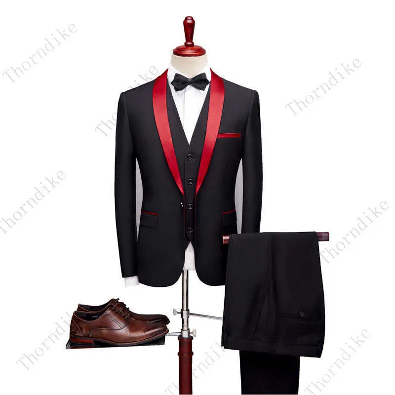 Thorndike Men Suits Black Fit Casual Groomsmen Army Lapel Business Tuxedos for Formal WeddingBlazer+Pants+Vest X0909