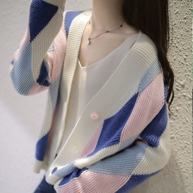여성 스웨터 달콤한 preppy 스타일 카디건 한국어 세련 된 우아한 스웨터 빈티지 streetwear 스트라이프 카디건