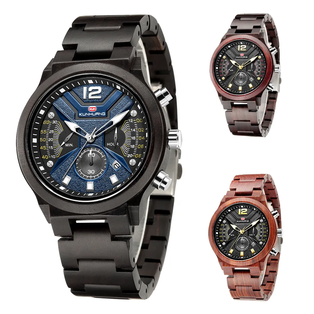 Mode trämän titta på Relogio masculino toppmärke lyxigt snyggt kronograf militär klockor timepieces i trälevurklocka Fo300L
