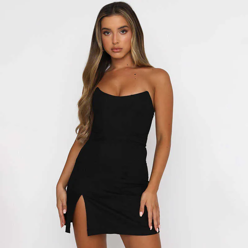 Off Shoulder Elegant Solid Color Mini Dress Strapless Skinny Split Package Hip Skirt Sexy Women Clothing Summer 210604