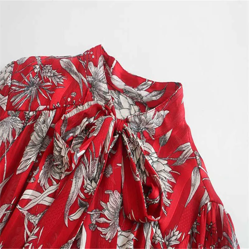 Za Tied Print Blouse Femmes Bow Long Ballon Manches Vintage Top Femme Mode Floral Office Wear Chemise Rouge 210602