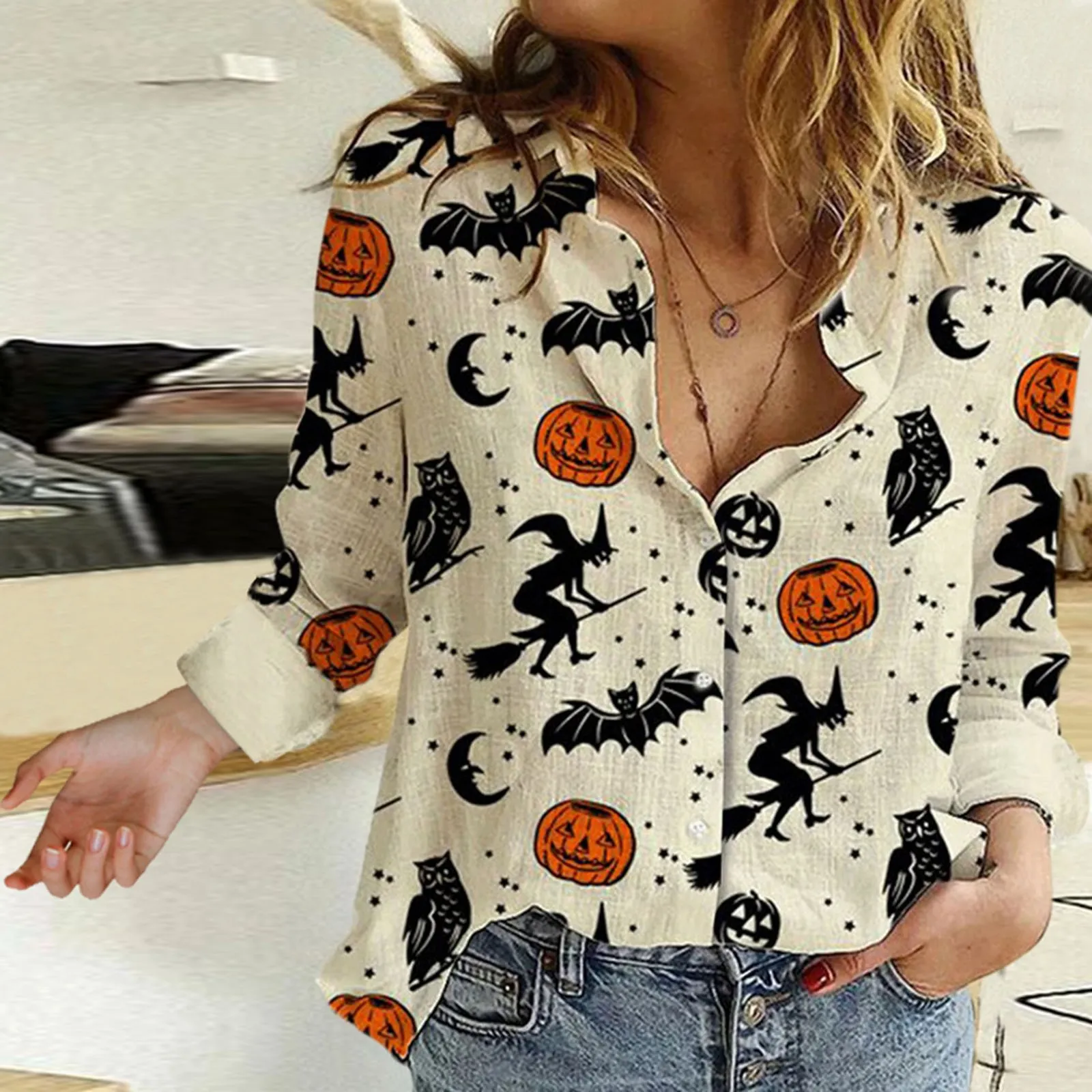Koszula Halloween Dla Kobiet Dama Bluzki Luźny Przycisk Dorywczo Top Koszula Plus Size Blusas Mujer De Moda