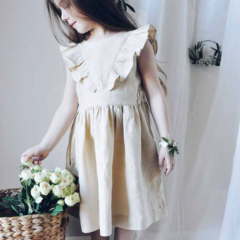 Enfant en bas âge coton lin Flutter manches robe pour filles Ins mode vêtements décontractés enfants Costume coréen 210529