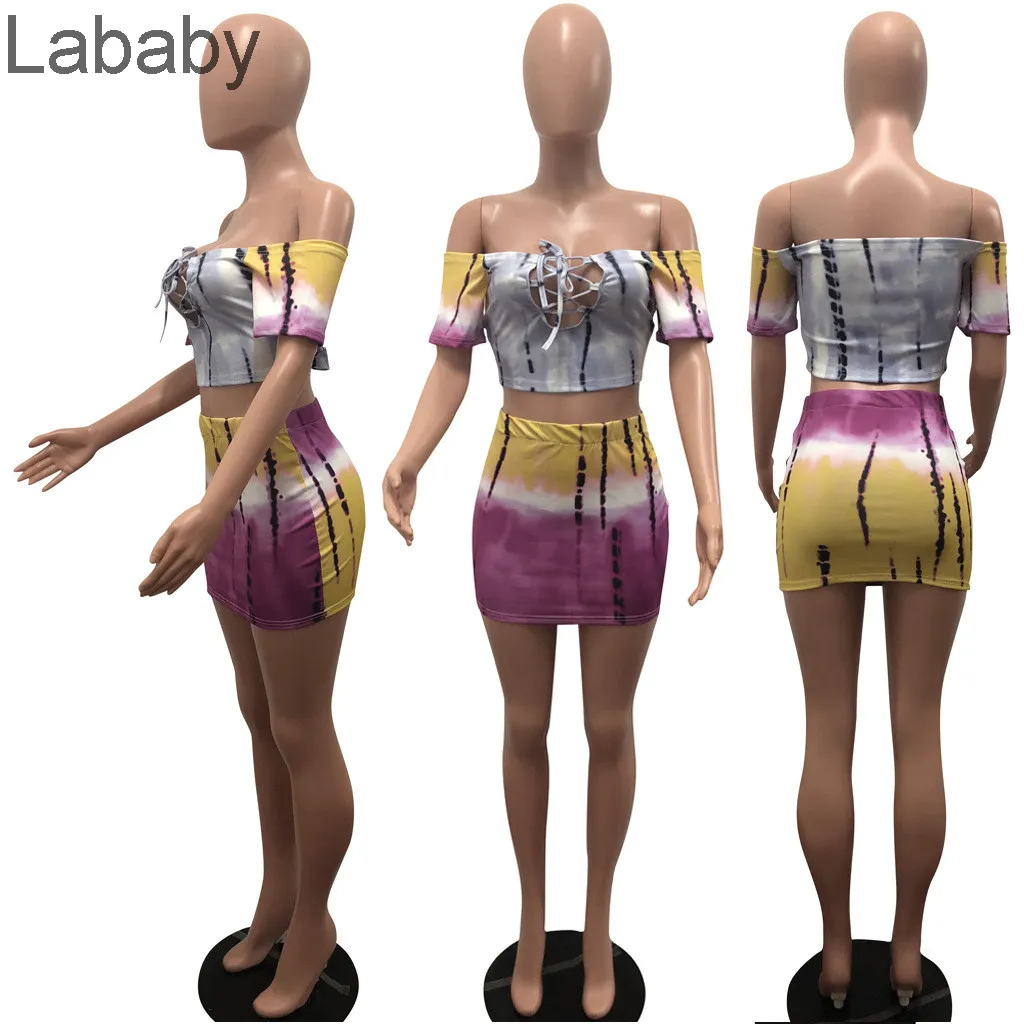 Femmes survêtements deux pièces ensemble concepteur 2021 nouvelle mode imprimé cravate colorant hors épaule Sexy mince à manches courtes jupe ensemble