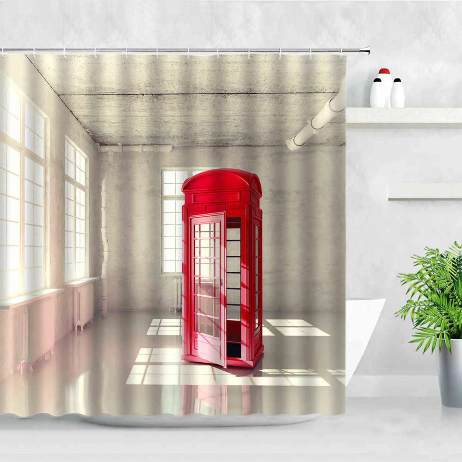London Street View Prysznic Zasłony Big Ben Red Telefon Booth Druk Druk Retro Wall Decor Tkaniny Ekran Haki Łazienka Zestaw 211116