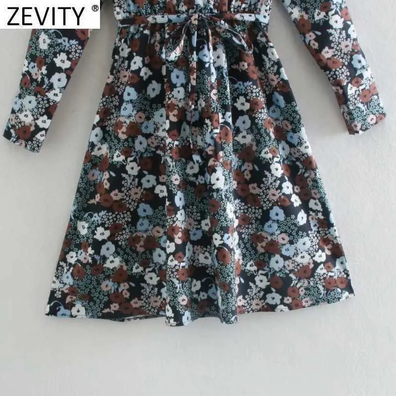 Zevity Women Vintage Stand Collar Floral Print Lace Up Kneeth Klänning Kontor Långärmad Vestido Casual Slim Dresses DS4789 210603