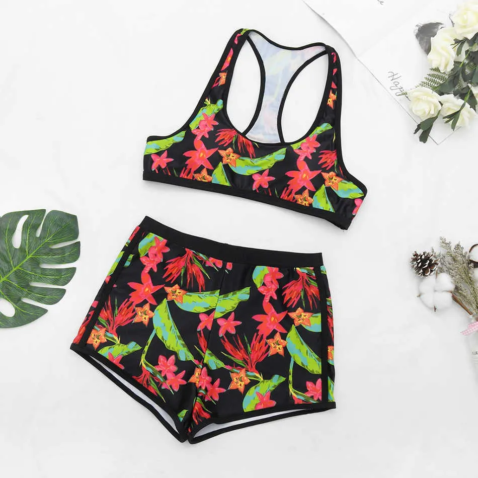 Vikionfly Hohe Taille Bikini Set mit Shorts Badeanzug Frauen Gepolsterte Blumen Sport Schwimmen Push Up Crop Top Bademode Badeanzug 210625