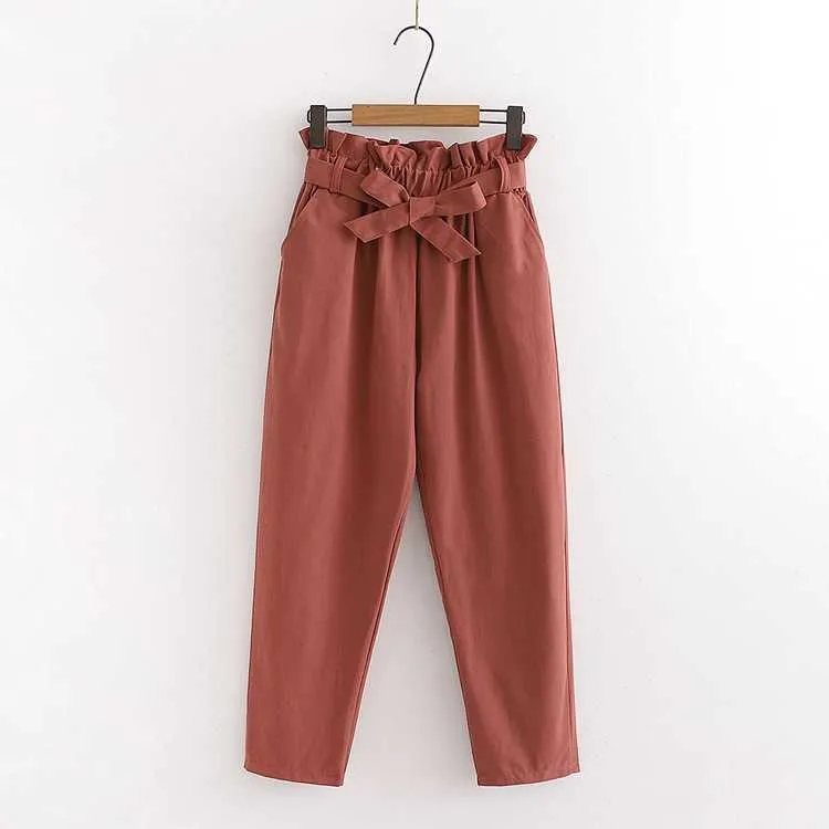 Calças de algodão coreano Calças de verão Lace-up Elastic Cintura Calças Casuais Feminino All-Match Harlan -Pants 210925