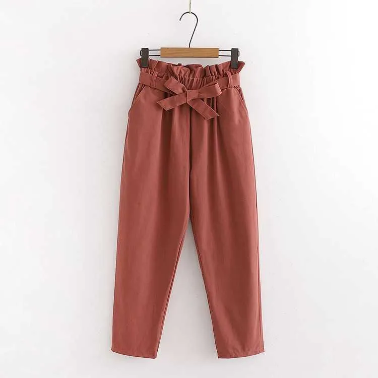 Koreaanse katoen vintage broeken zomer boog lace-up elastische taille casual broek vrouwelijke alles-matchen Harlan -Panties 210925